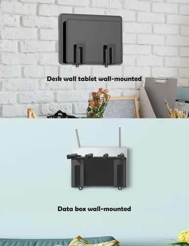 Vista 4 de Soporte de pared multifuncional para portátil y teclado, soporte de caja de cable para router/módem/caja de TV/tableta/libro electrónico/teléfono