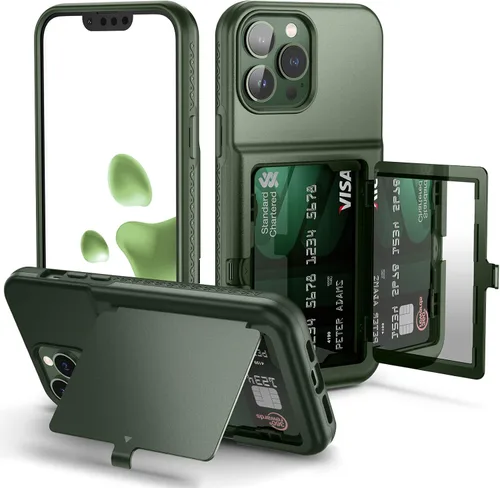 Vista 13 de WeLoveCase Funda para iPhone 13 Pro Max para mujer con tarjetero y espejo oculto, dos capas a prueba de golpes resistente funda protectora tipo Negro