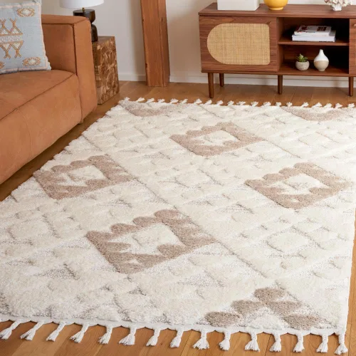 Vista 79 de SAFAVIEH Alfombra marroquí con borlas, 2 x 3 pies, marfil y marrón, no desprende pelusa y fácil de limpiar, textura alta y baja, ideal