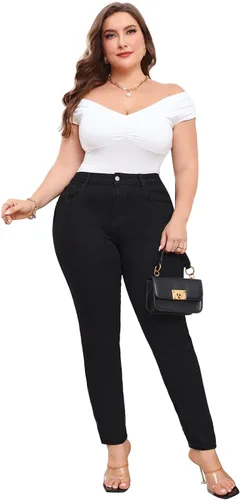 Vista 8 de KISSPLUS Pantalones de mezclilla ajustados de talla grande para mujer, cintura alta, lápiz de cintura alta, elásticos, pantalones de mezclilla