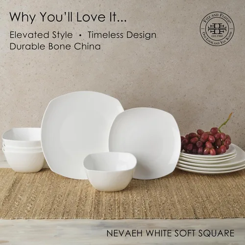 Vista 4 de Everyday White by Fitz and Floyd Nevaeh - Juego de vajilla cuadrada suave de 12 piezas, servicio para 4 personas