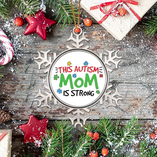 Vista 7 de Esta mamá con autismo es adornos de Navidad, concienciación sobre el autismo, regalos de recuerdo de Navidad, copo de nieve de metal, decoración