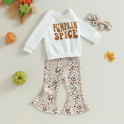 Vista 2 de wdehow Conjunto de sudadera de manga larga con estampado de letras y pantalones acampanados de calabaza, ropa de otoño