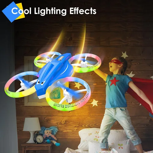 Vista 2 de Dron para niños y principiantes con luz LED, pequeño dron de interior con luces RC, voltereta de 360, 2 baterías, juguete volador para niños, regalo