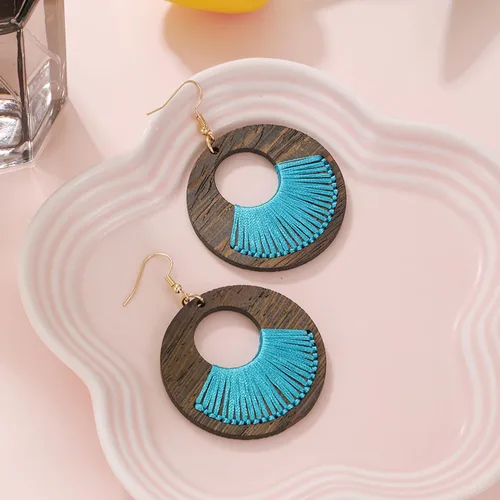 Vista 5 de COIRIS - Aretes colgantes geométricos de madera con forma de círculo, de madera hueca, grandes, redondos, ligeros, colgantes