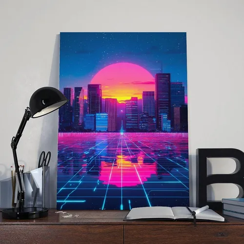 Vista 8 de Cyberpunk - Arte de pared de onda vapor-neón futurista de la ciudad, impresión retro de onda sintética decoración de pared, pinturas al óleo famosas