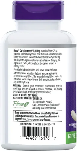 Vista 2 de Natrol Intercept de carbohidratos con cápsulas de control de carbohidratos de fase 2, extracto de frijol blanco, ayuda a controlar