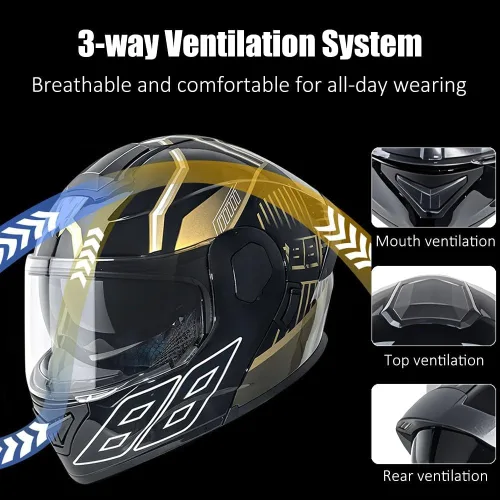 Vista 3 de Casco modular de motocicleta Bluetooth aprobado por DOT con visera solar integrada, doble escudo antivaho y sistema de ventilación múltiple