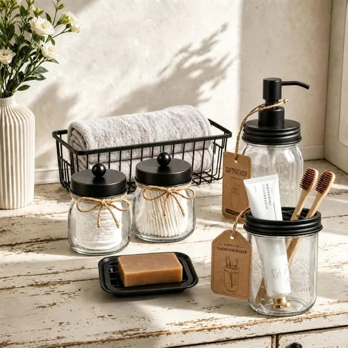 Vista 5 de SheeChung. - Conjunto de accesorios para baño de frascos Mason, juego de 6 unidades. Glass Bathroom Accessory Set, Soap Dispenser, Toothbrush
