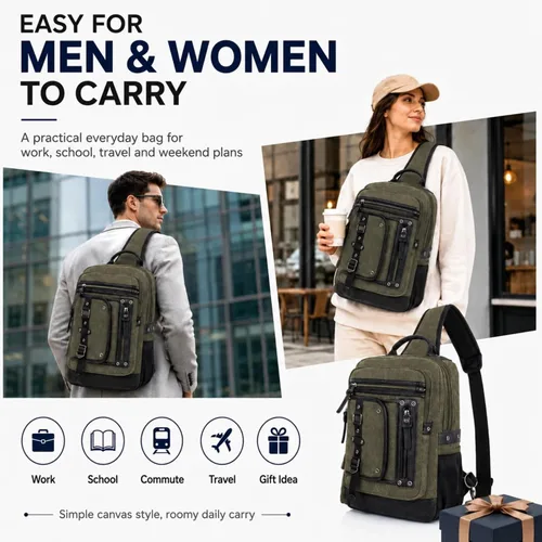 Vista 9 de Bolsa de mensajero para hombre, bolsa cruzada de lona, mochila cruzada, bolsa de hombro para laptop, senderismo, mochilas casuales tácticas