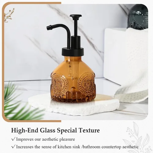 Vista 6 de Dispensador de jabón de vidrio ámbar, dispensador pequeño de jabón de manos para baño, botella de jabón líquido y loción con bomba, dispensador