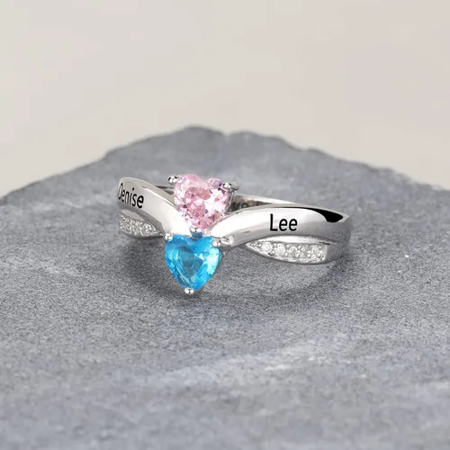 Vista 3 de OPALSTOCK Anillos de piedra natal para mujer, anillos de promesa para madre, anillos con nombre personalizado con 2 piedras natales de corazón