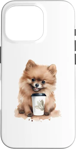 Vista 20 de iPhone 16 Pomerania perro con café estilo acuarela caso