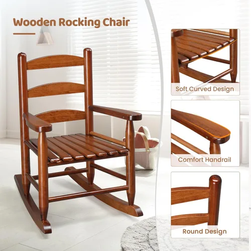 Vista 4 de JOYMOR Silla mecedora de madera para exteriores para niños con respaldo alto, balancín para niños resistente al clima, silla mecedora de patio