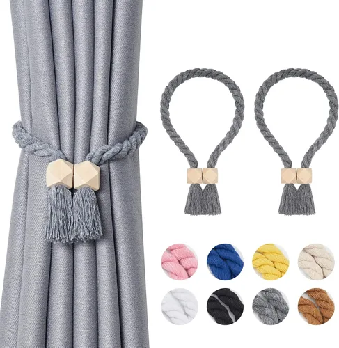 Vista 49 de NICEEC 2 Pack de Alzapaños Magnéticos de Madera en Forma de Cubo Boho para Decoración del Hogar, Alzapaños de Lino Tejidos a Mano para Cortinas Beige