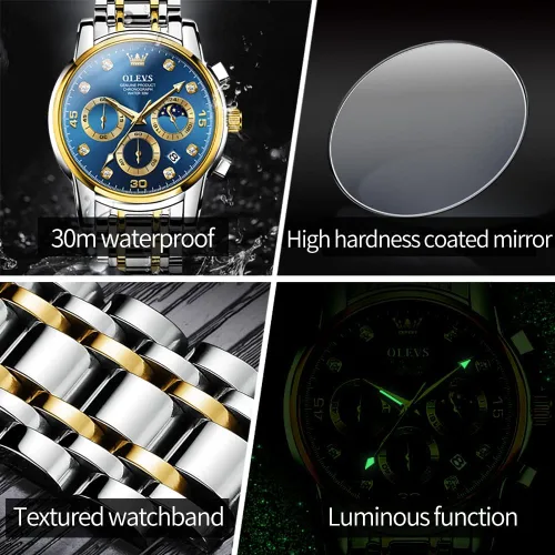 Vista 5 de Taxau Mens Watch Silver Gold Stainless Steel Watches for Men with Day Date Moon Phase Diamond Waterproof Analog Dress Men's Chronograph Wrist