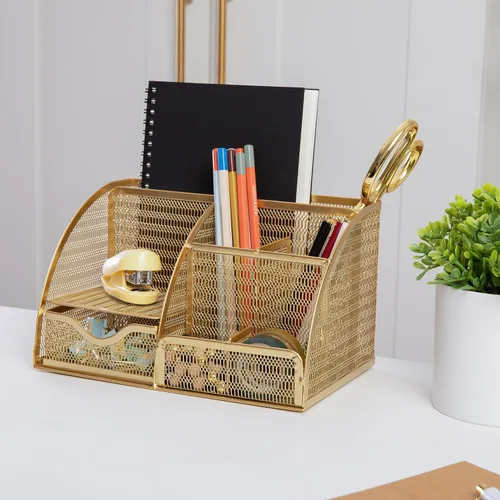 Vista 2 de Martha Stewart Ryder - Organizador de escritorio pequeño de metal de malla dorada para accesorios de oficina, cuadernos, soporte para bolígrafos