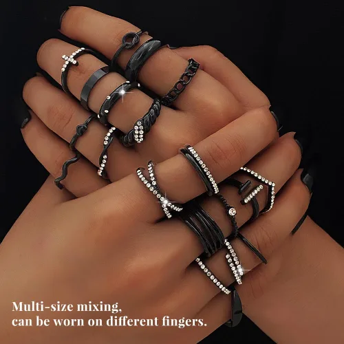 Vista 5 de KISS WIFE Juego de anillos dorados, plateados y negros para nudillos, para mujeres, delicados, simples, modernos, apilables, perfectos para apilar
