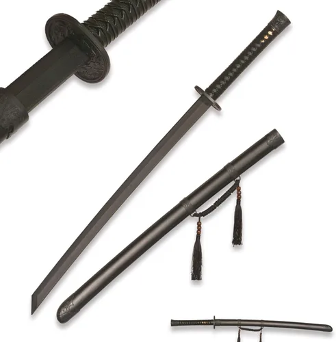 Vista 8 de 39" Plastic Martial Arts Polypropylene Training Katana Practice Sword, Black Chinese Tang Dynasty Style Dragon Pattern Decorated Sword with Scabbard