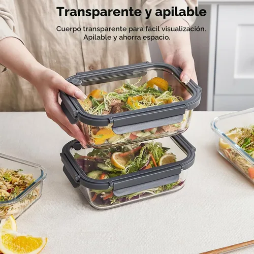 Vista 5 de Contenedores de vidrio para almacenamiento de alimentos con tapas de vidrio, paquete de 4 recipientes de preparación de comidas con tapas Gris