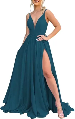 Vista 9 de Vestidos largos de dama de honor para mujer, con abertura, cuello en V, vestido de fiesta formal para boda