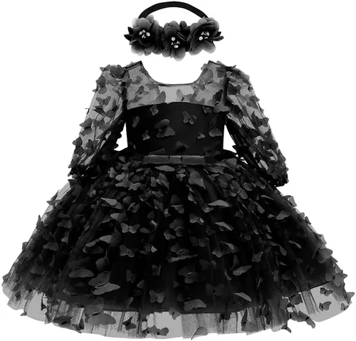 Vista 6 de KLFFLGID Vestido de mariposa con lentejuelas y lazo para bebé niña pequeña, tutú de flores para boda, fiesta de cumpleaños