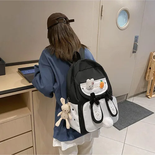 Vista 2 de Mochila kawaii con orejas de conejo con felpa de conejo linda mochila japonesa para la escuela adolescentes y niñas suministros escolares kawaii