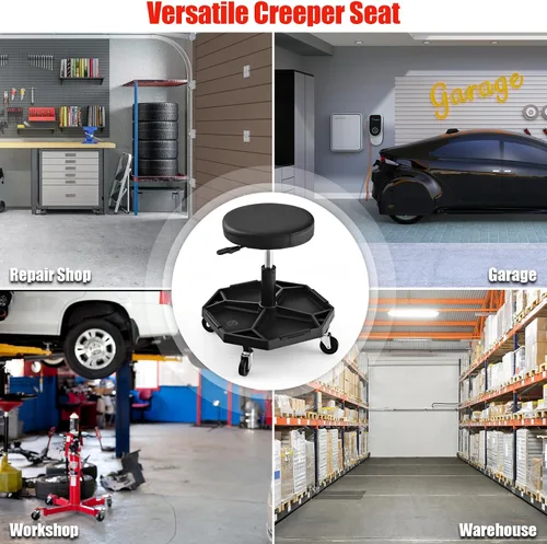 Vista 7 de S AFSTAR Garage Shop - Asientos enrollables neumáticos ajustables con bandeja de almacenamiento de herramientas y 4 ruedas universales, taburete