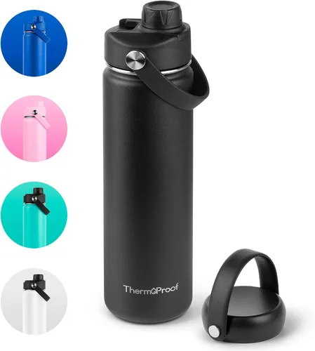 Vista 21 de Botella de agua aislante ThermoProof – Acero inoxidable, boca ancha, tapas abatibles y con boquilla, a prueba de fugas, apta para lavavajillas Ámbar
