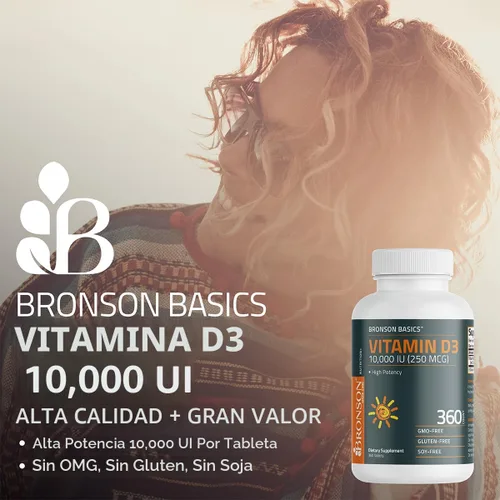 Vista 3 de Bronson Vitamina D3 10,000 UI (250 MCG) para función muscular saludable y apoyo inmunológico, sin OGM, 180 tabletas