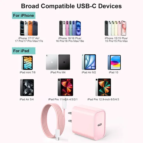 Vista 7 de Cargador de carga rápida para iPhone 18 17 16 Pro Max de 10 pies Rosa
