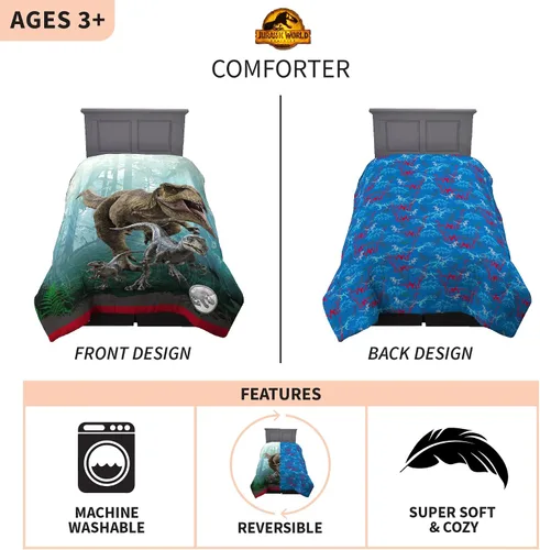 Vista 3 de Franco Ropa de cama para niños, edredón reversible de microfibra súper suave, tamaño individual/matrimonial, Jurassic World Dominion