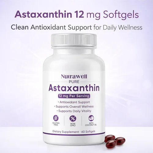 Vista 4 de NutraWell Astaxantina 12 mg, con aceite de coco, suplemento de apoyo antioxidante, sin OMG, sin gluten, 60 cápsulas blandas