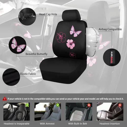 Vista 5 de CAR PASS Juego de fundas universales para asiento delantero de automóvil, diseño de flores bordadas, impermeables, fundas para volante, mariposa