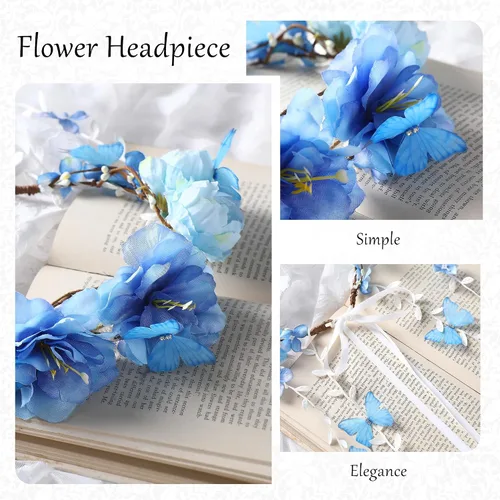 Vista 6 de Blue Flower Crown Headpiece - Floral Headband with Butterfly Bohemian Vine Crown Hippie Flower Headpiece for Women Wedding Party Bridal Shower