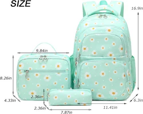 Vista 2 de Mochilas estampadas de margaritas para niñas con bolsa de almuerzo, estuche de lápices de 3 piezas, bolsas ligeras para libros elementales