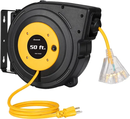 Vista 12 de DEWENWILS - Carrete de cable de extensión retráctil, cable de alimentación resistente de 50 pies, 14/3AWG SJTOW, tomas triples iluminadas, disyuntor