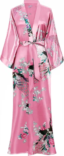 Vista 7 de BABEYOND Bata tipo kimono para mujer, bata larga de satén con estampado de pavo real y flores Verde