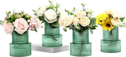 Vista 46 de Jarrones de vidrio acanalado, juego de 2 jarrones estriados para flores, florero de vidrio ámbar para tulipanes, jarrón moderno para sala de estar