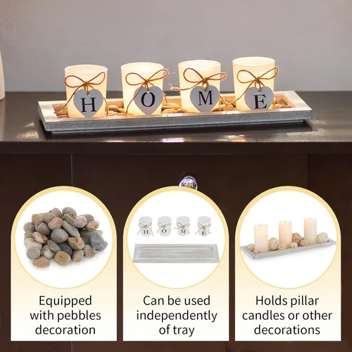 Vista 7 de Romadedi Portavelas Decorativo de Centro de Mesa Estilo Granja - Bandeja de Madera Rústica con 4 Portavelas de Vidrio para Velas de Té para Mesa