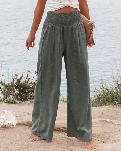 Vista 2 de Pantalones de lino de primavera para mujer, pantalones casuales palazzo, cintura alta, bohemios, piernas anchas, holgados, con bolsillo