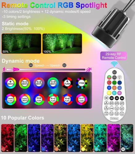 Vista 2 de MEIKEE 6 en 1 luces de paisaje RGB solares con control remoto, focos solares RGB LED que cambian de color, luces de punto RGB impermeables al aire