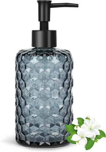 Vista 7 de Dispensador de jabón de vidrio con bomba dorada de 14 onzas, diseño de diamante ámbar, botella líquida recargable para encimera, dispensador
