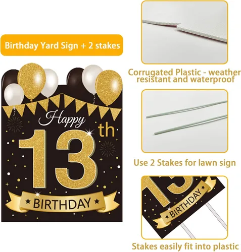 Vista 3 de Letrero grande de patio para fiesta de feliz cumpleaños número 13, negro dorado, letreros de patio de cumpleaños 13 con estacas y decoraciones