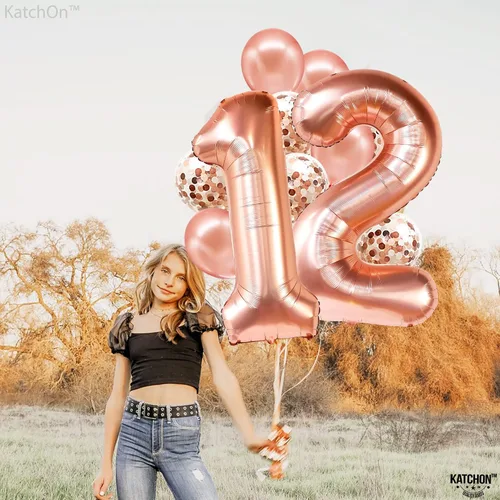 Vista 6 de KatchOn, Globo del número 12, globos de aluminio de Mylar de oro rosa de 40 pulgadas Globos gigantes del número 1 y 2 con 5 globos de látex y 5