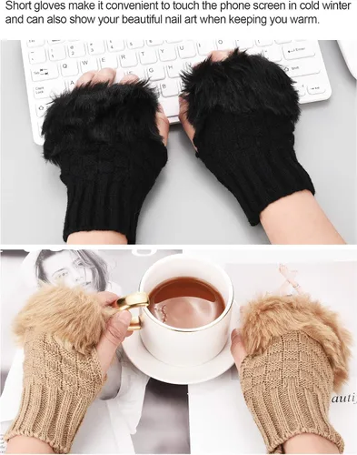 Vista 4 de Boao 2 pares de guantes de invierno sin dedos, guantes cortos para pantalla táctil, guantes de punto cálidos con piel sintética