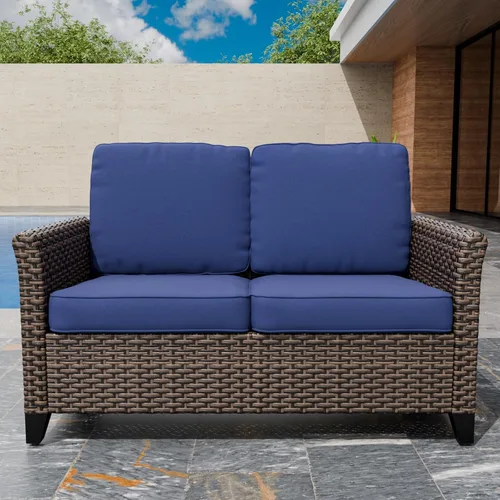 Vista 11 de EAGLE PEAK Ocean Vista - Sofá de mimbre para exteriores, cojines profundos, muebles de ratán resistentes a la intemperie, sofá, marrón/beige