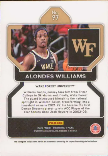 Vista 2 de Panini Prizm Draft Picks #97 Alondes Williams Wake Forest Demon Deacons RC Rookie Basketball Carta de intercambio 2022-23