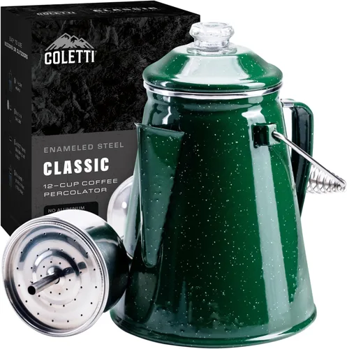 Vista 9 de COLETTI Cafetera Percolator clásica: la cafetera de camping más nostálgica, ahora modernizada [esmalte negro, 12 tazas]