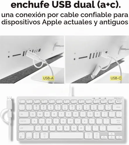 Vista 3 de Macally Teclado USB C con cable para Mac (USB C + USB A) - Teclado compatible para MacBook Pro/Air, iMac y MacMini - Teclado compacto Mac